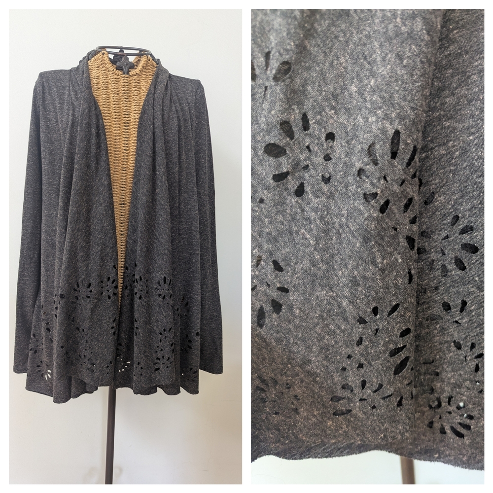 Meadow Rue Gray Cardigan with Intricate Floral Cutouts